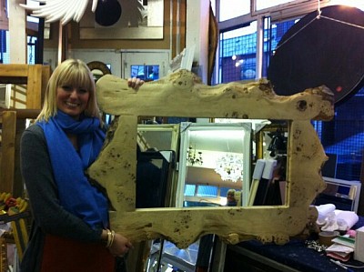 A lovely happy customer with a lovely happy Pippi oak framed mirror.